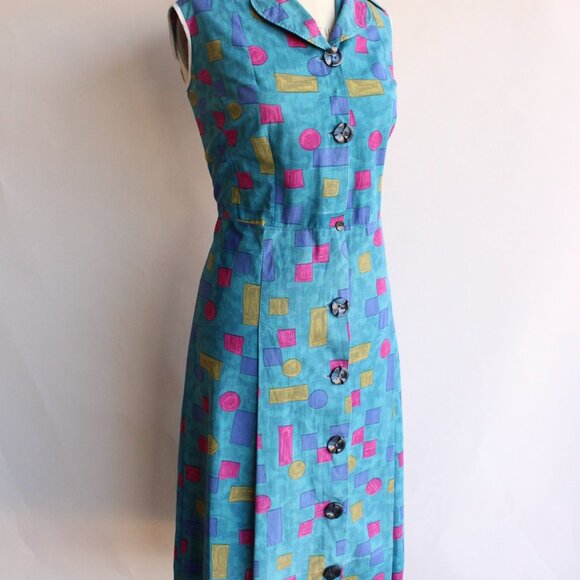 Vintage 1960s Dress, Blue Shirtwaist in Cotton, Volup Size, Geometric Shape - Picture 6 of 10